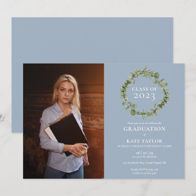 Dusty Blue Greenerity Garland Foto Graduation Part Einladung (Vorne/Hinten)
