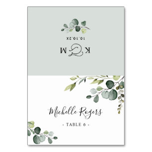 Dusty Blue Greenerity Hochzeit gedeckte Platzkarte Tischnummer