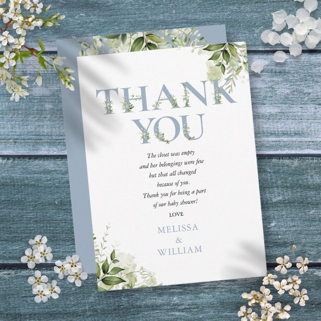 Dusty Blue Greenerity Letter Baby Shower Gedicht Dankeskarte (Dusty Blue Greenery Letter Baby Shower Poem Thank You Card)