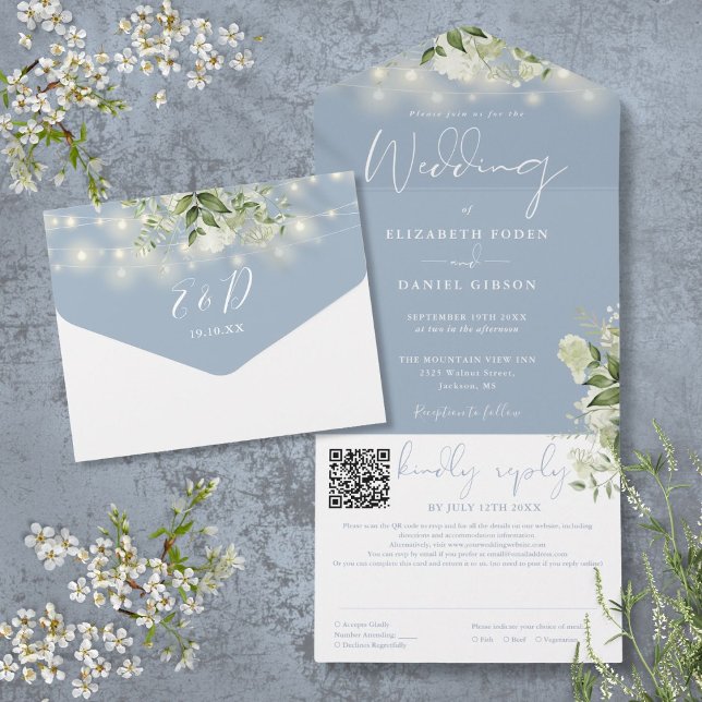 Dusty Blue Greenerity String Lights QR Code Weddin All In One Einladung (Dusty Blue Greenery String Lights QR Code Wedding All In One Invitation)