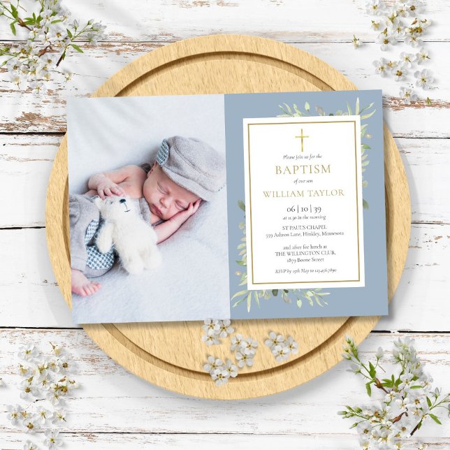 Dusty Blue Greenerity Taufe Christening Foto Einladung (Dusty Blue Greenery Baptism Christening Photo Invitation)