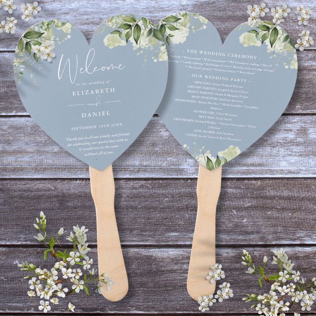 Dusty Blue Greenerity Wedding Program Heart Fächer (Dusty Blue Greenery Wedding Program Heart Hand Fan)