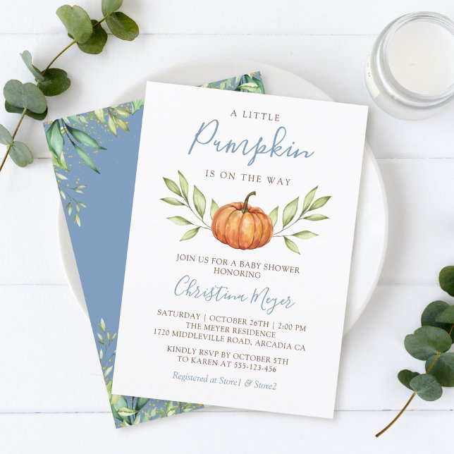 Dusty Blue Greenery Autumn Pumpkin Baby Shower Einladung (Von Creator hochgeladen)
