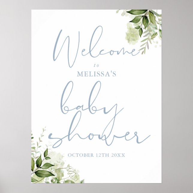 Dusty Blue Greenery Baby shower Affiche de bienven (Devant)