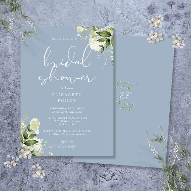 Dusty Blue Greenery Blumengebirge Brautparty Einladung (Dusty Blue Greenery Floral Bridal Shower Invitation)