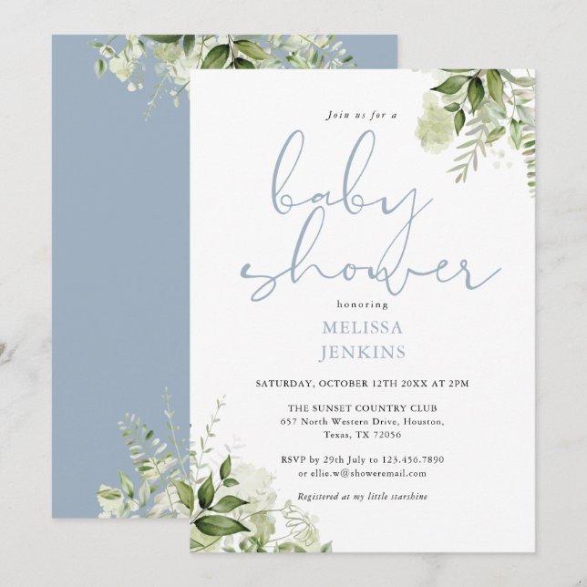 Dusty Blue Greenery Blumenjungen Babydusche Einladung (Vorne/Hinten)