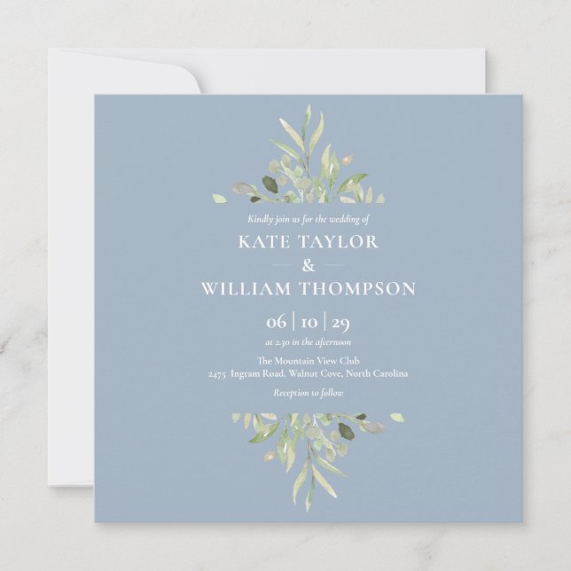 Dusty Blue Greenery Botanische Hochzeit Einladung (Vorderseite)