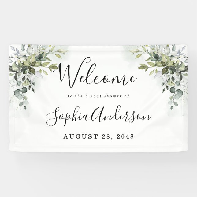 Dusty Blue Greenery Brautparty Begrüßung Banner (Horizontal)