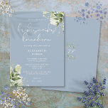 Dusty Blue Greenery Bridesmaids Luncheon Einladung<br><div class="desc">Diese elegante staubblaue botanische Vegetation verlasse die Einladung der Brautjungfrau zum Mittagessen personalisiert mit den Informationen in der schicken Typografie mit Ihren Monogramm-Initialen auf der Rückseite. Entwickelt von Thisisnotme©</div>