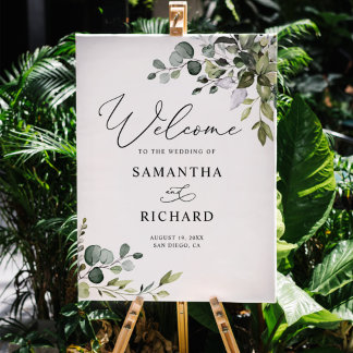 Dusty Blue Greenery Feuille Affiche de bienvenue M