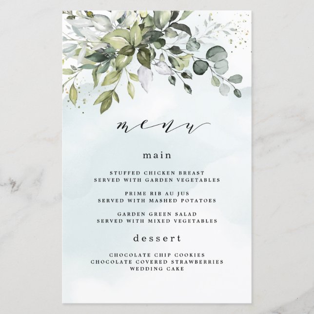 Dusty Blue Greenery Floral Boho Wedding Menu Cards (Vorderseite)