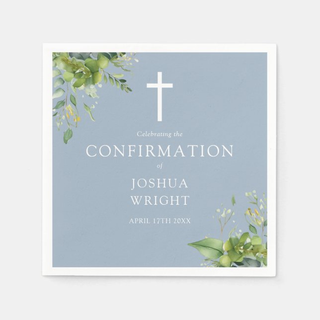 Dusty Blue Greenery Floral Confirmation Serviette (Vorderseite)