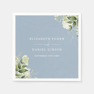 Dusty Blue Greenery Floral Elegante Namen Datum Serviette