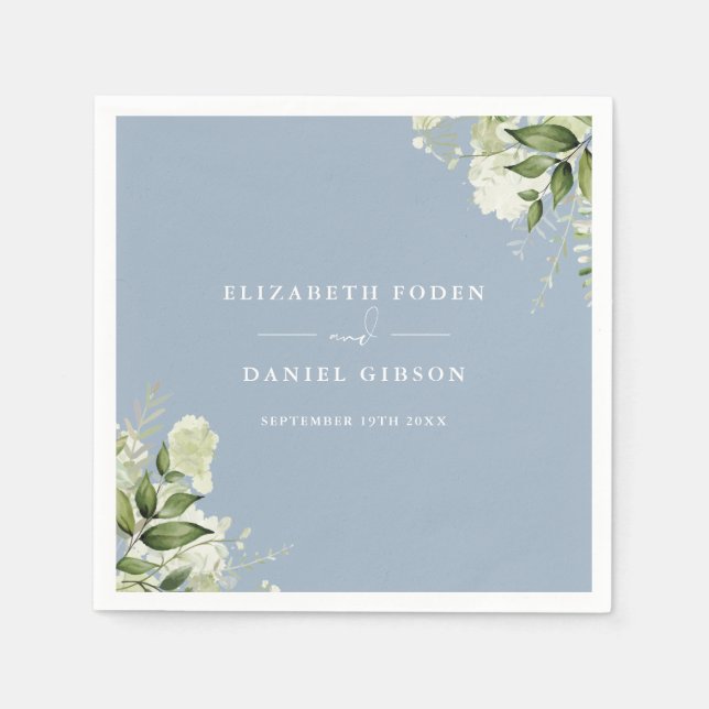Dusty Blue Greenery Floral Elegante Namen Datum Serviette (Vorderseite)