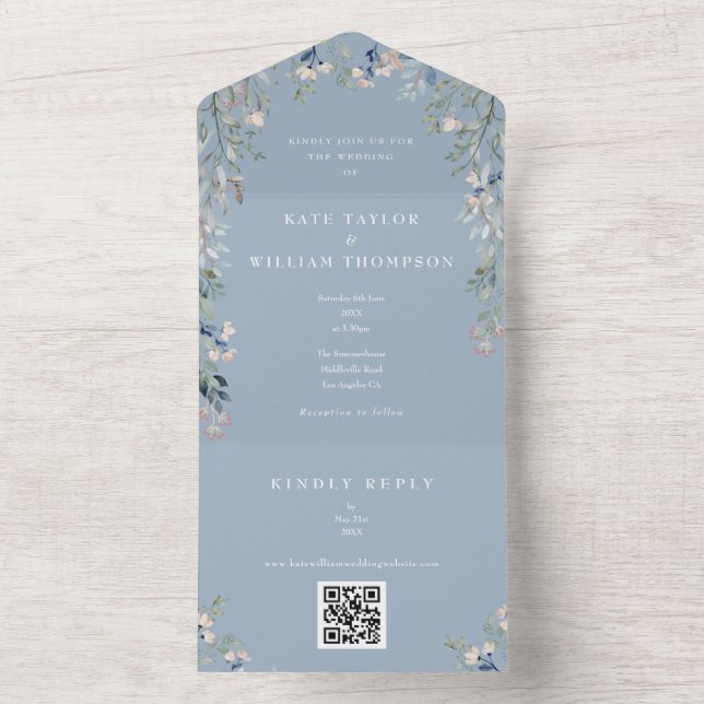 Dusty Blue Greenery Floral QR Code Wedding All In One Einladung (Innen Boden)