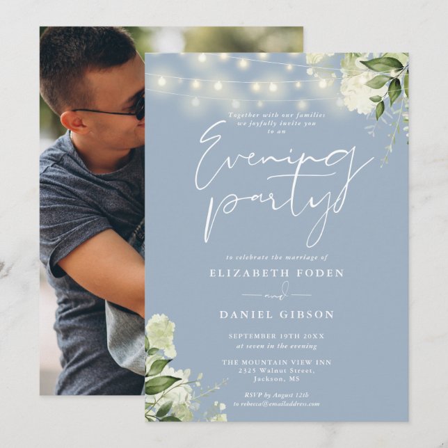 Dusty Blue Greenery Foto Wedding Abend Party Einladung (Vorne/Hinten)