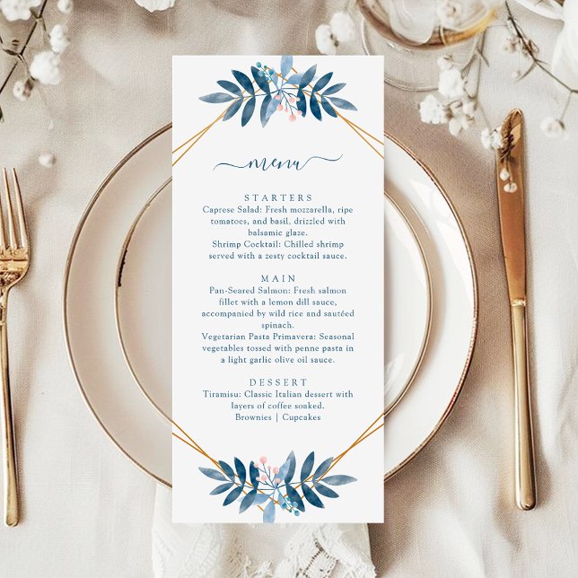 Dusty Blue Greenery Geometric Modern Wedding Menükarte (Von Creator hochgeladen)