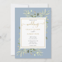 Dusty Blue Greenery Gold Geometric Script Wedding Einladung