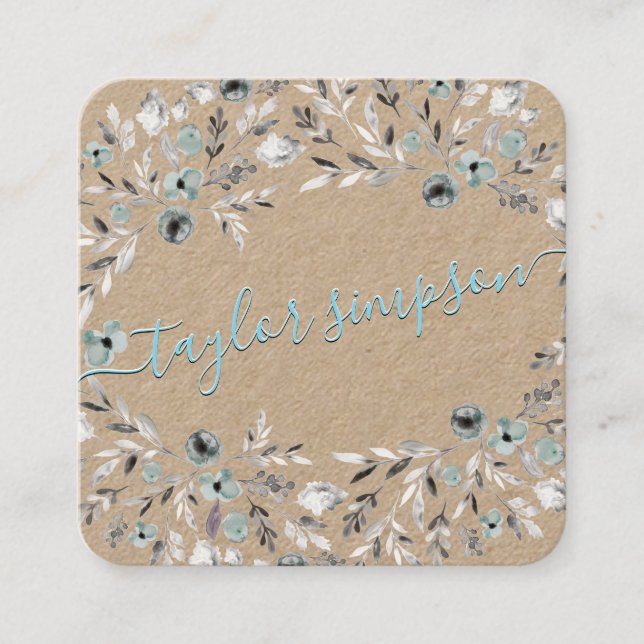 Dusty Blue Greenery Kraft Paper Neon Swash Script Quadratische Visitenkarte (Vorderseite)