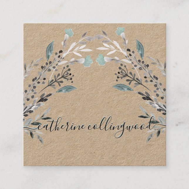 Dusty Blue Greenery Kraft Paper Swash Script Quadratische Visitenkarte (Vorderseite)