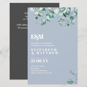 Dusty Blue Greenery Leafy Budget Hochzeit Einladun