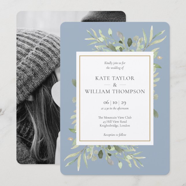 Dusty Blue Greenery Metallic Silver Foto Wedding Einladung (Vorne/Hinten)