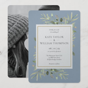 Dusty Blue Greenery Metallic Silver Foto Wedding Einladung