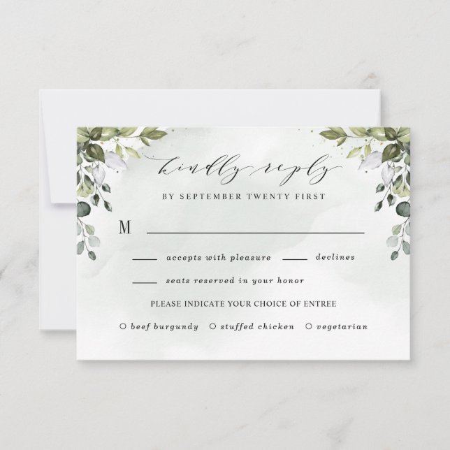 Dusty Blue Greenery mit Meal Choice Boho Wedding RSVP Karte (Vorderseite)