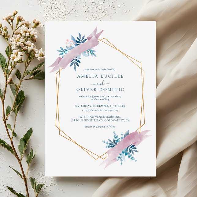 Dusty Blue Greenery Modern Gold Geometric Wedding Einladung (Von Creator hochgeladen)