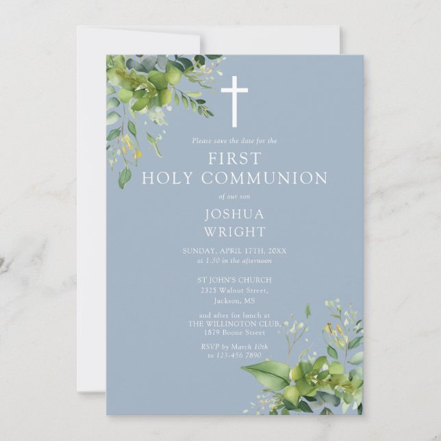 Dusty Blue Greenery Monogram First Holy Communion Save The Date (Vorderseite)
