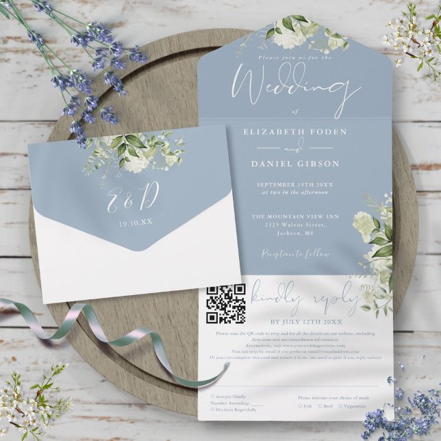 Dusty Blue Greenery Monogram QR Code Wedding All In One Einladung (Dusty Blue Greenery Monogram QR Code Wedding All In One Invitation)