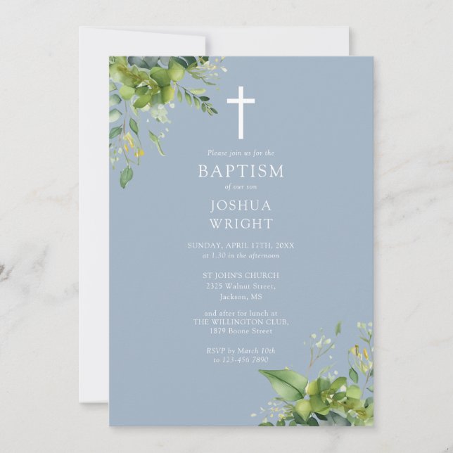 Dusty Blue Greenery Monogram Taufe Christening Einladung (Vorderseite)
