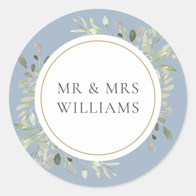 Dusty Blue Greenery MR & MRS. Wedding Runder Aufkleber (Vorderseite)
