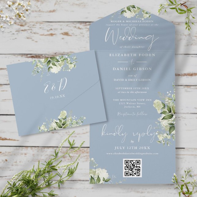 Dusty Blue Greenery QR Code Formal Wedding All In One Einladung (Von Creator hochgeladen)