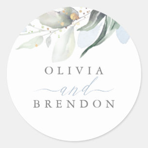 Dusty Blue Greenery Romantische Hochzeit Runder Aufkleber