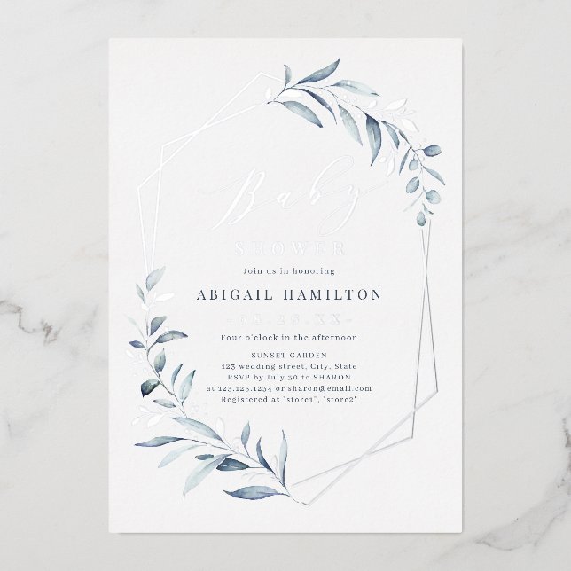 Dusty Blue Greenery Silver Rustic Baby Shower Folieneinladung (Vorderseite)