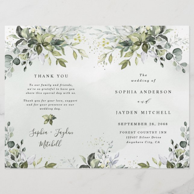 Dusty Blue Greenery Thème Plié Mariage Programmes (Devant)