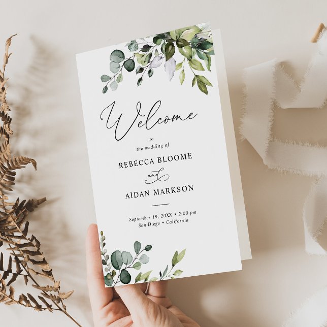 Dusty Blue Greenery Wedding Program Bi-Fold (Von Creator hochgeladen)