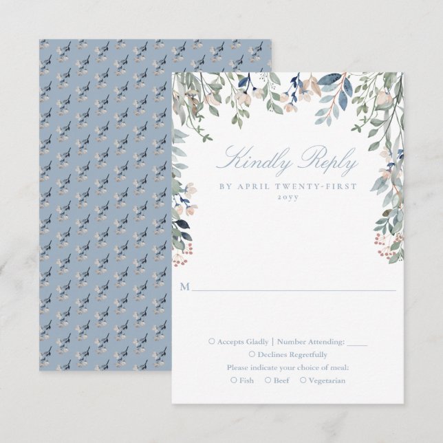 Dusty Blue Greenery Wildblumen Hochzeit RSVP Karte (Vorne/Hinten)