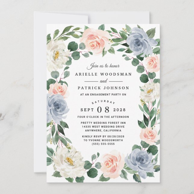 Dusty Blue Grey Blush Pink Peach Engagement Party Einladung (Vorderseite)