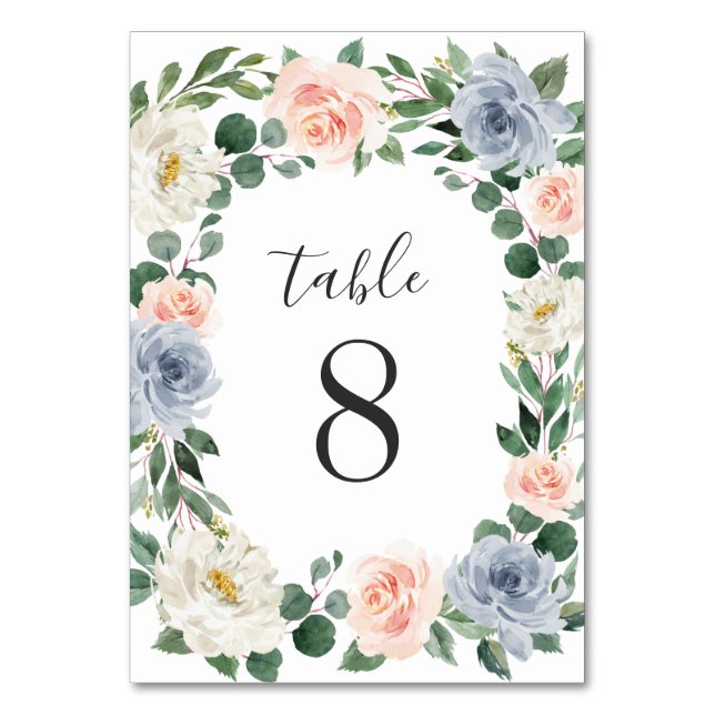 Dusty Blue Grey Blush Pink Peach Floral Wedding Tischnummer (Vorderseite)