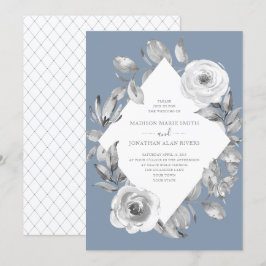 Dusty Blue Grey Floral Diamond Wedding Einladung