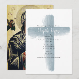 Dusty Blue Griechisch Orthodox Christening Boy Tau Einladung