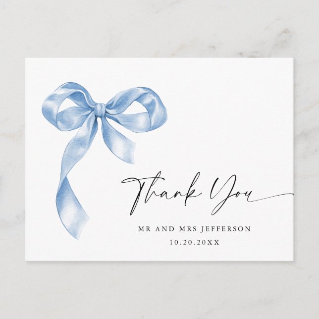 Dusty Blue Hand Drawn Bow Wedding Vielen Dank Postkarte (Vorderseite)