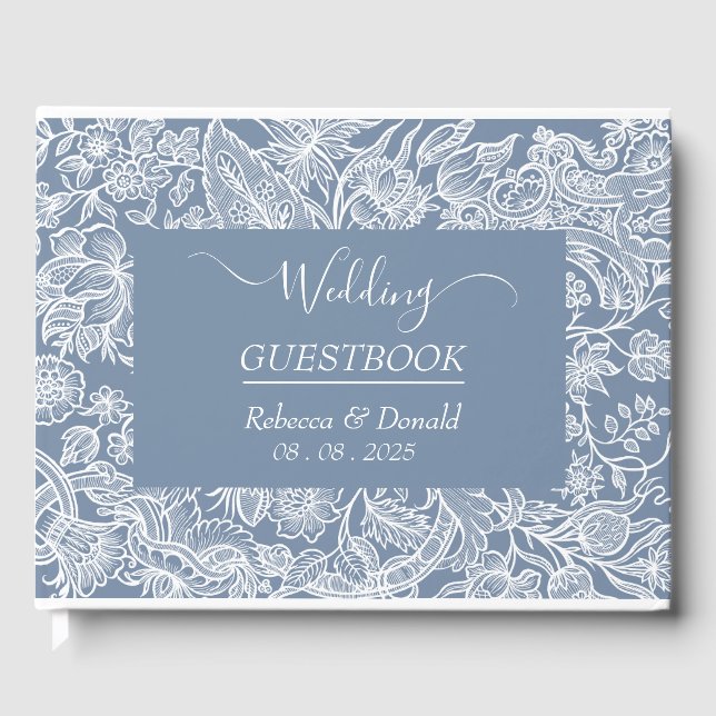 Dusty Blue Hand Drawn Chinoiserie Floral Gästebuch (Vorderseite)