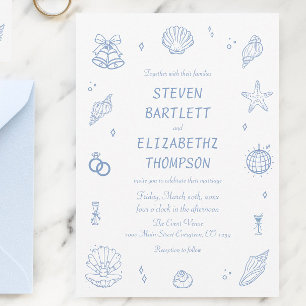 Dusty Blue Hand Drawn Coastal Hochzeit Einladung
