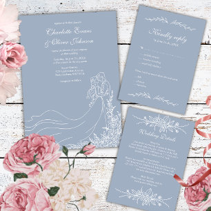 Dusty Blue Hand Drawn Couple Rustic Wedding Einladung