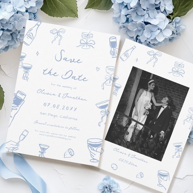 Dusty Blue Hand Drawn Wedding Save the Date Foto Einladung (Von Creator hochgeladen)