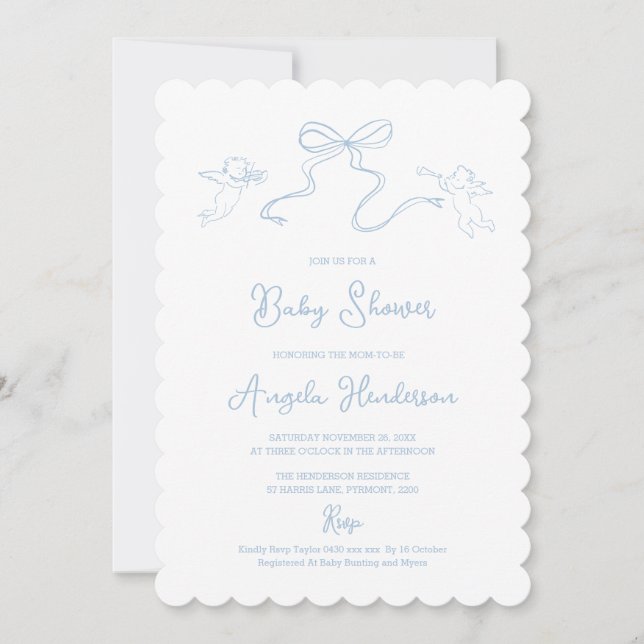 Dusty Blue Hand gezeichnete Babydusche Einladung (Vorderseite)