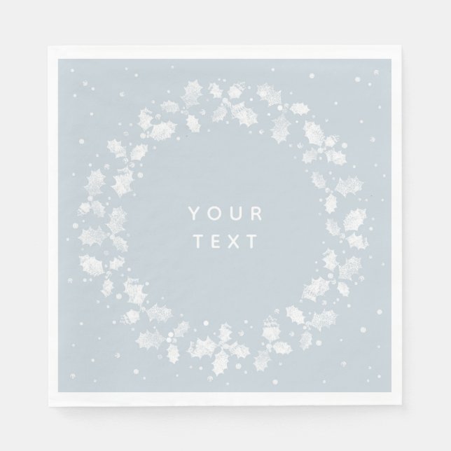 Dusty Blue Hand Printed Holly Wreath Weihnachten Serviette (Vorderseite)